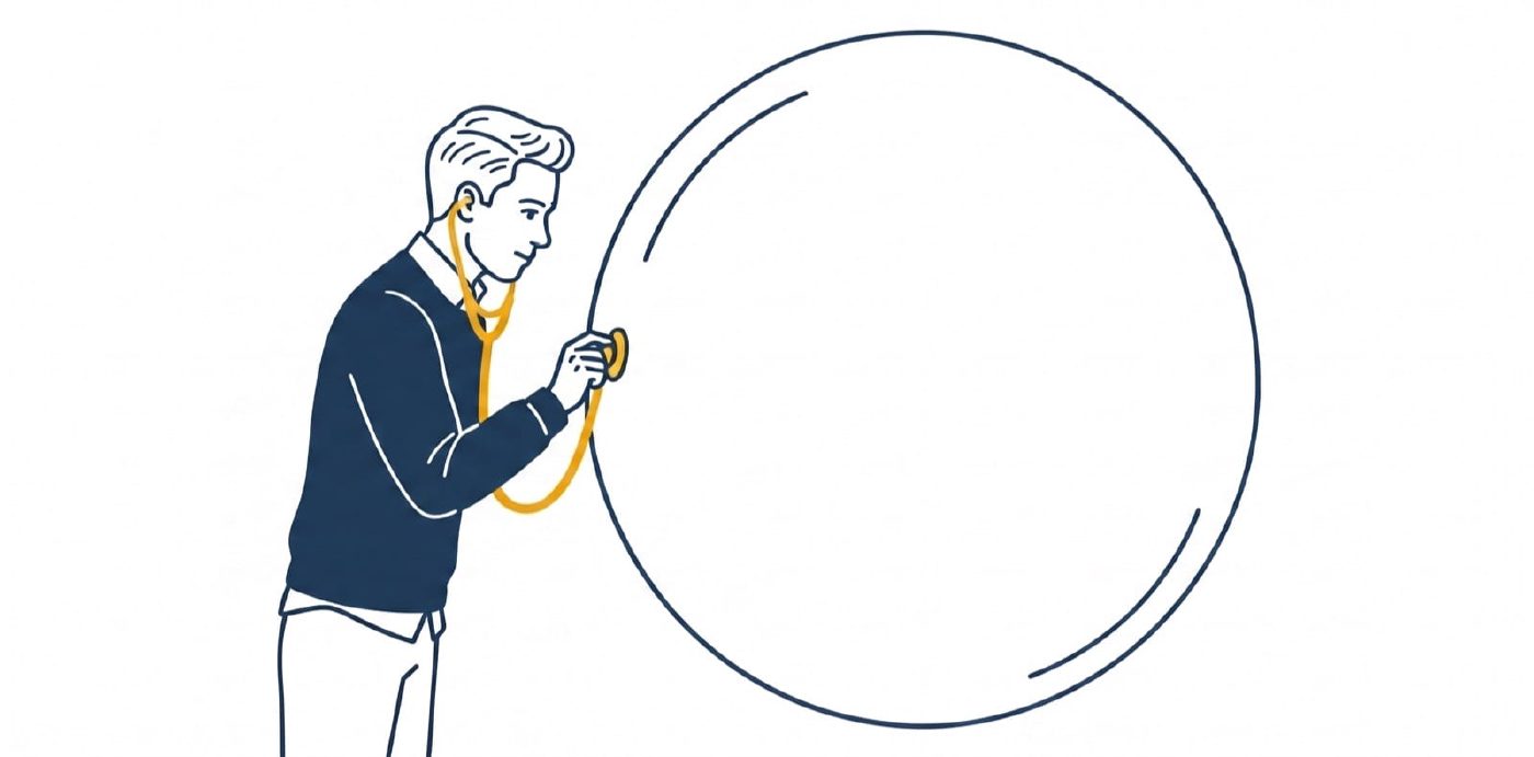 A silhouetted figure presses a yellow stethoscope against a large thin navy bubble, listening.