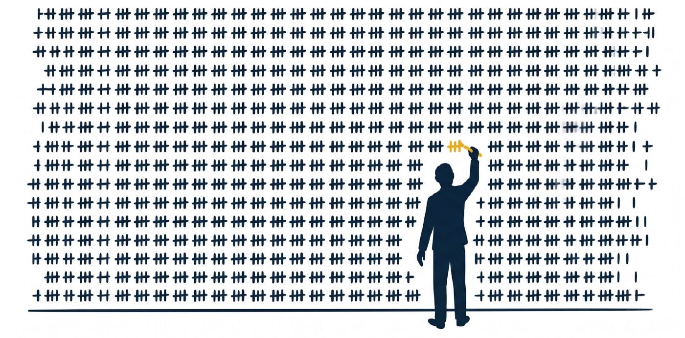 A figure in silhouette before a tall wall of identical navy tally marks. One mark near the figure's reach is yellow, being revised.
