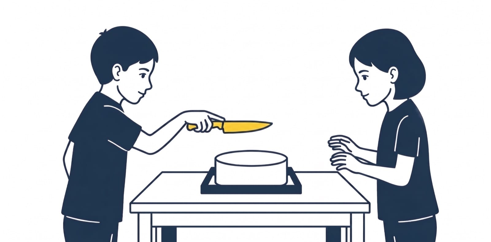 Two children in silhouette, opposite sides of a round cake. Left child holds a yellow knife raised above the cake; right child waits with empty hands.