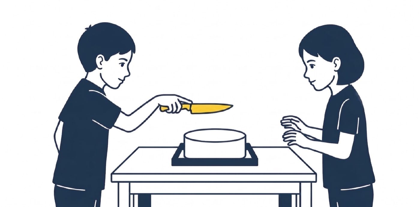 Two children in silhouette, opposite sides of a round cake. Left child holds a yellow knife raised above the cake; right child waits with empty hands.