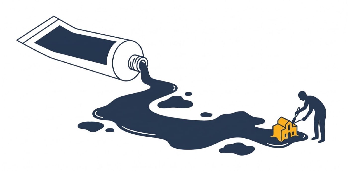 A tipped toothpaste tube, paste flowing into pools. A silhouetted figure shapes a single yellow building from the flow.